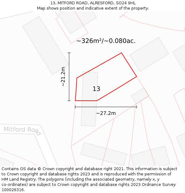 13, MITFORD ROAD, ALRESFORD, SO24 9HL: Plot and title map