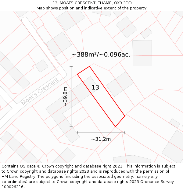 13, MOATS CRESCENT, THAME, OX9 3DD: Plot and title map