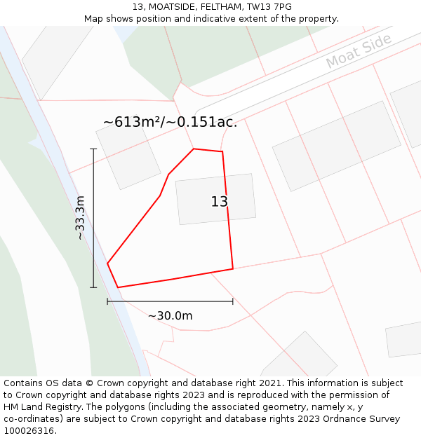 13, MOATSIDE, FELTHAM, TW13 7PG: Plot and title map