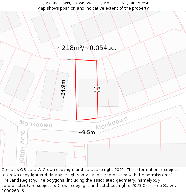 13, MONKDOWN, DOWNSWOOD, MAIDSTONE, ME15 8SP: Plot and title map