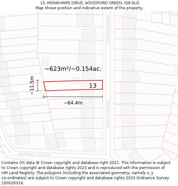 13, MONKHAMS DRIVE, WOODFORD GREEN, IG8 0LG: Plot and title map