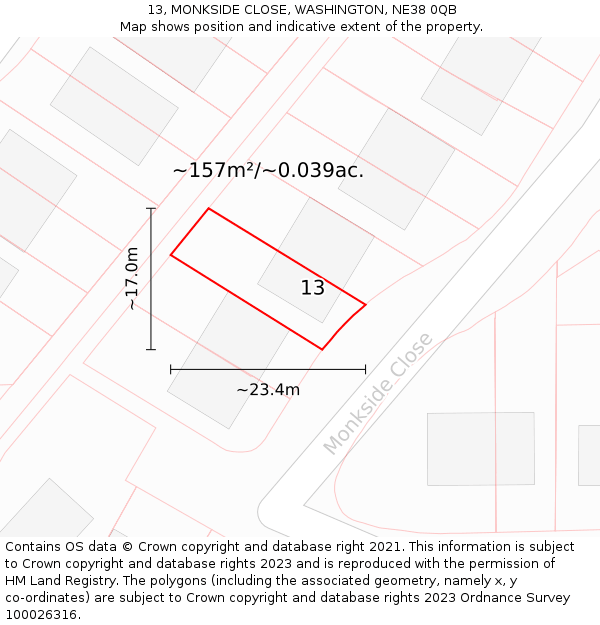 13, MONKSIDE CLOSE, WASHINGTON, NE38 0QB: Plot and title map