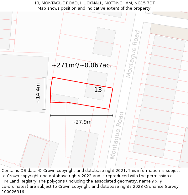 13, MONTAGUE ROAD, HUCKNALL, NOTTINGHAM, NG15 7DT: Plot and title map