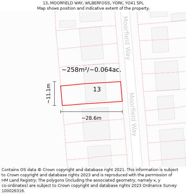 13, MOORFIELD WAY, WILBERFOSS, YORK, YO41 5PL: Plot and title map
