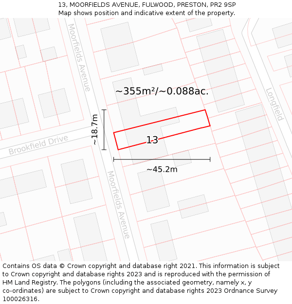 13, MOORFIELDS AVENUE, FULWOOD, PRESTON, PR2 9SP: Plot and title map