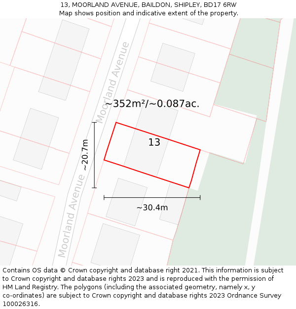 13, MOORLAND AVENUE, BAILDON, SHIPLEY, BD17 6RW: Plot and title map
