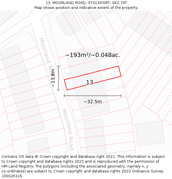 13, MOORLAND ROAD, STOCKPORT, SK2 7AT: Plot and title map