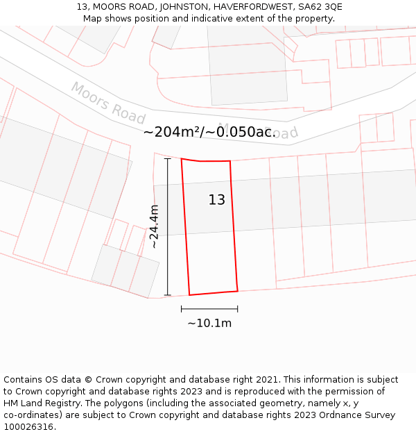 13, MOORS ROAD, JOHNSTON, HAVERFORDWEST, SA62 3QE: Plot and title map