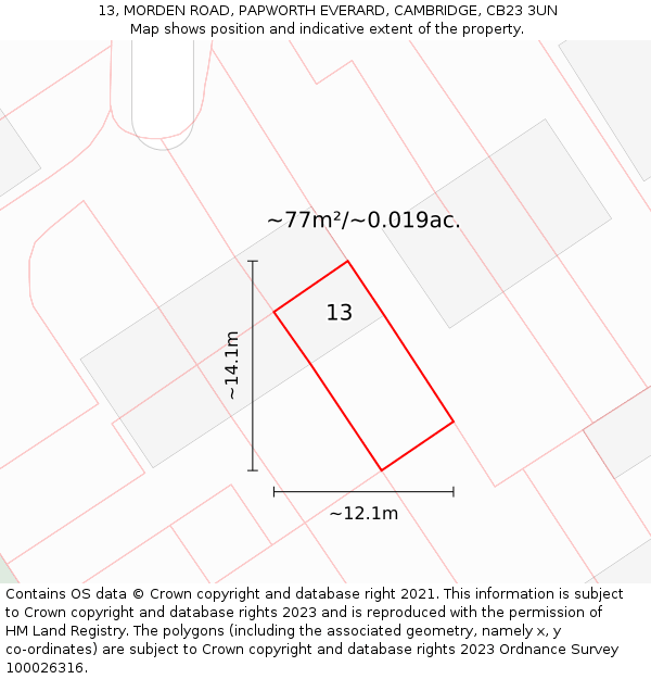 13, MORDEN ROAD, PAPWORTH EVERARD, CAMBRIDGE, CB23 3UN: Plot and title map