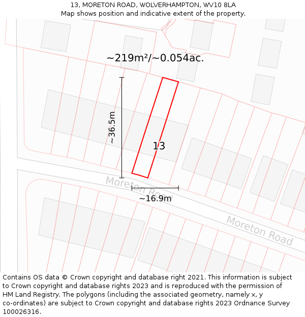 13, MORETON ROAD, WOLVERHAMPTON, WV10 8LA: Plot and title map