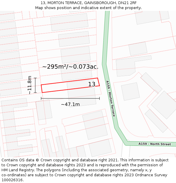 13, MORTON TERRACE, GAINSBOROUGH, DN21 2RF: Plot and title map