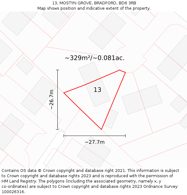 13, MOSTYN GROVE, BRADFORD, BD6 3RB: Plot and title map