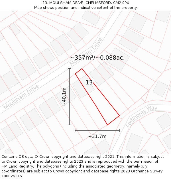 13, MOULSHAM DRIVE, CHELMSFORD, CM2 9PX: Plot and title map