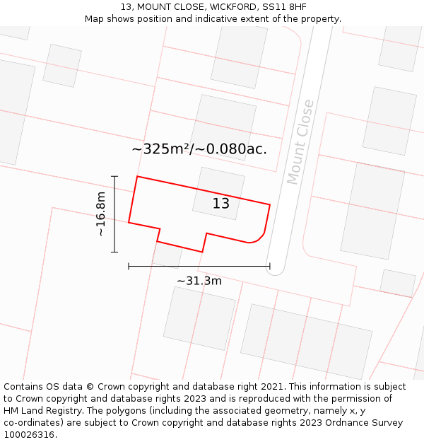 13, MOUNT CLOSE, WICKFORD, SS11 8HF: Plot and title map