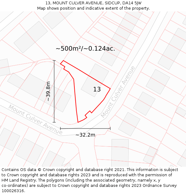 13, MOUNT CULVER AVENUE, SIDCUP, DA14 5JW: Plot and title map