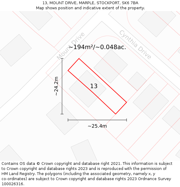 13, MOUNT DRIVE, MARPLE, STOCKPORT, SK6 7BA: Plot and title map