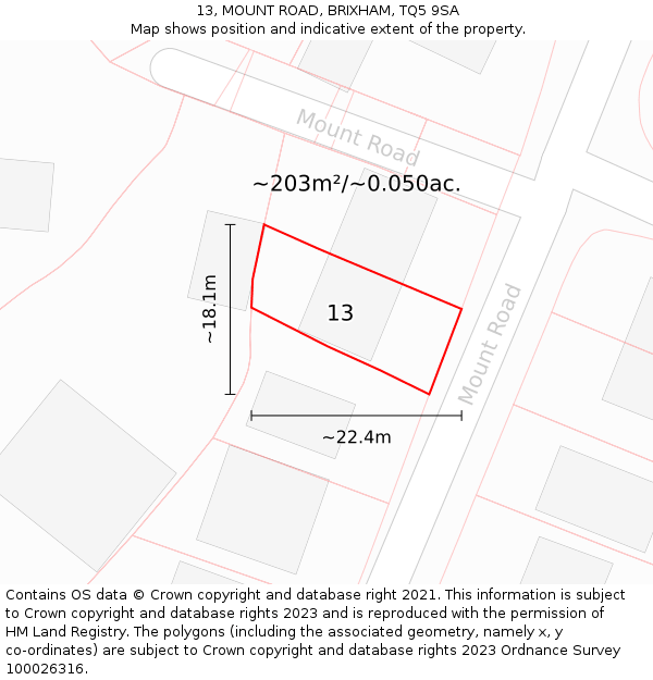 13, MOUNT ROAD, BRIXHAM, TQ5 9SA: Plot and title map