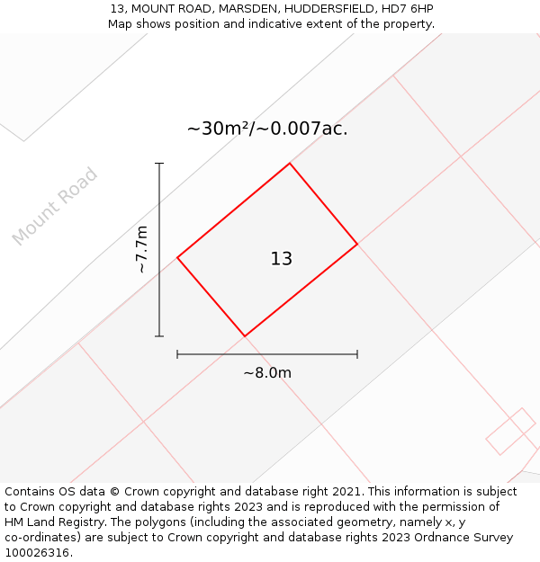 13, MOUNT ROAD, MARSDEN, HUDDERSFIELD, HD7 6HP: Plot and title map