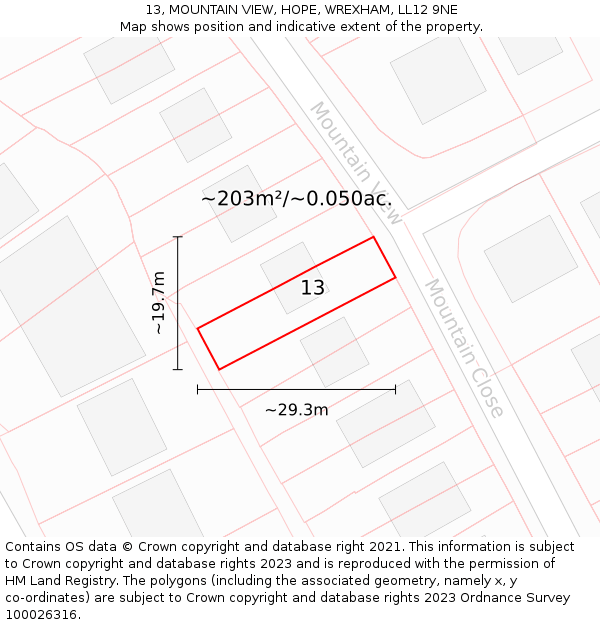 13, MOUNTAIN VIEW, HOPE, WREXHAM, LL12 9NE: Plot and title map