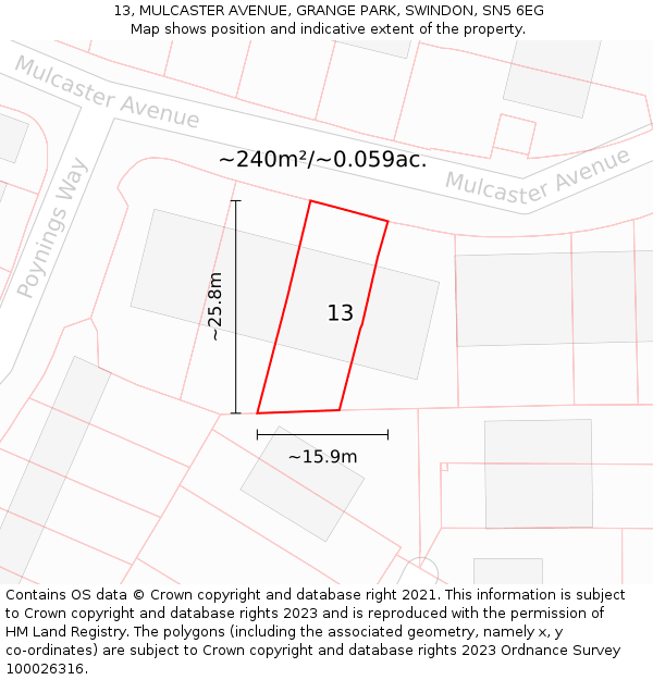 13, MULCASTER AVENUE, GRANGE PARK, SWINDON, SN5 6EG: Plot and title map