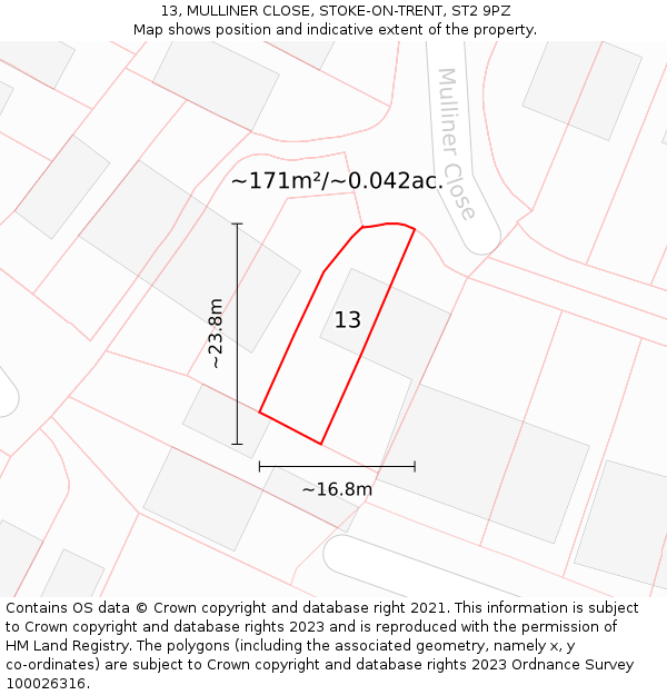 13, MULLINER CLOSE, STOKE-ON-TRENT, ST2 9PZ: Plot and title map