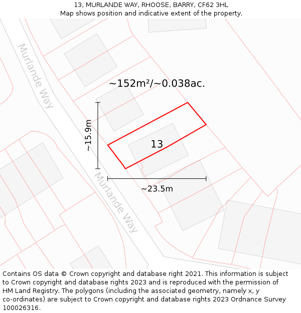 13, MURLANDE WAY, RHOOSE, BARRY, CF62 3HL: Plot and title map