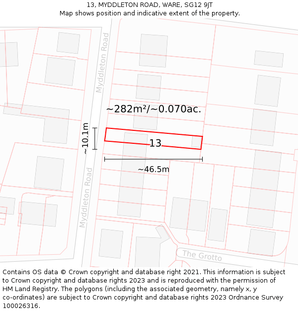 13, MYDDLETON ROAD, WARE, SG12 9JT: Plot and title map