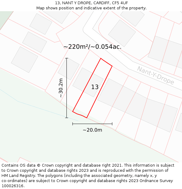 13, NANT Y DROPE, CARDIFF, CF5 4UF: Plot and title map