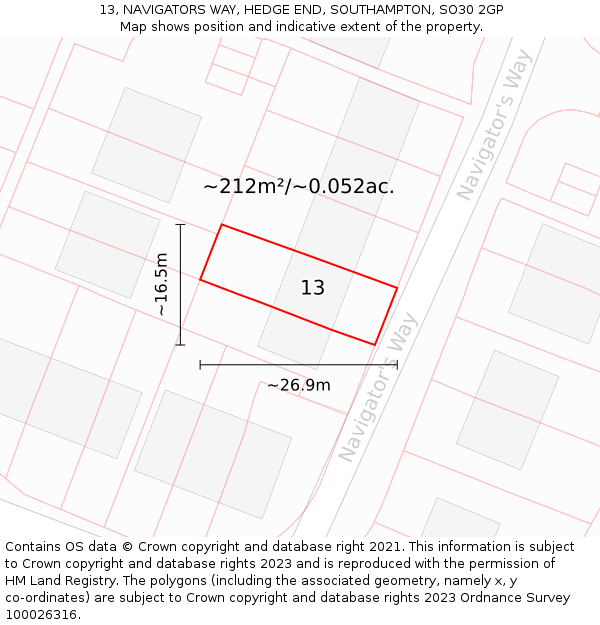 13, NAVIGATORS WAY, HEDGE END, SOUTHAMPTON, SO30 2GP: Plot and title map