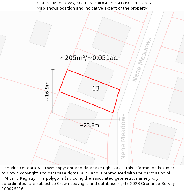 13, NENE MEADOWS, SUTTON BRIDGE, SPALDING, PE12 9TY: Plot and title map