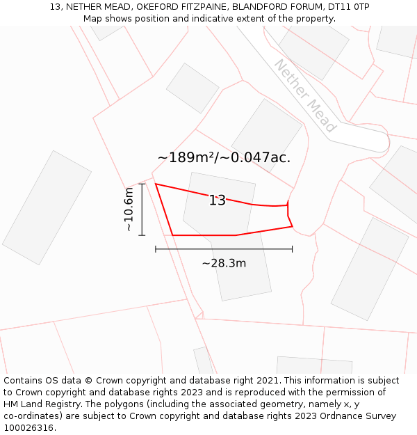 13, NETHER MEAD, OKEFORD FITZPAINE, BLANDFORD FORUM, DT11 0TP: Plot and title map