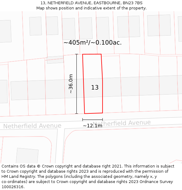 13, NETHERFIELD AVENUE, EASTBOURNE, BN23 7BS: Plot and title map