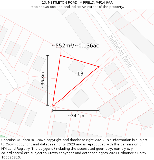 13, NETTLETON ROAD, MIRFIELD, WF14 9AA: Plot and title map