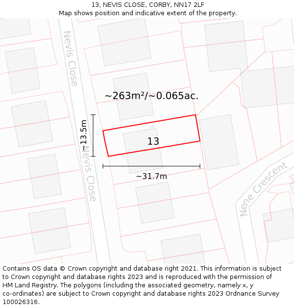 13, NEVIS CLOSE, CORBY, NN17 2LF: Plot and title map