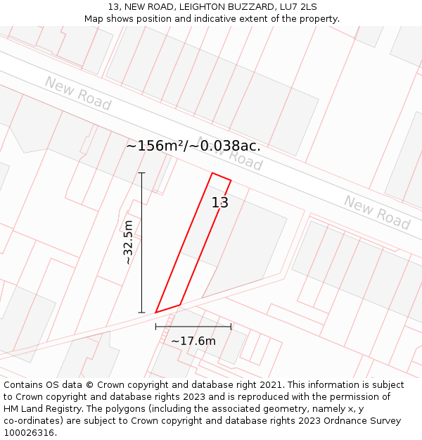 13, NEW ROAD, LEIGHTON BUZZARD, LU7 2LS: Plot and title map