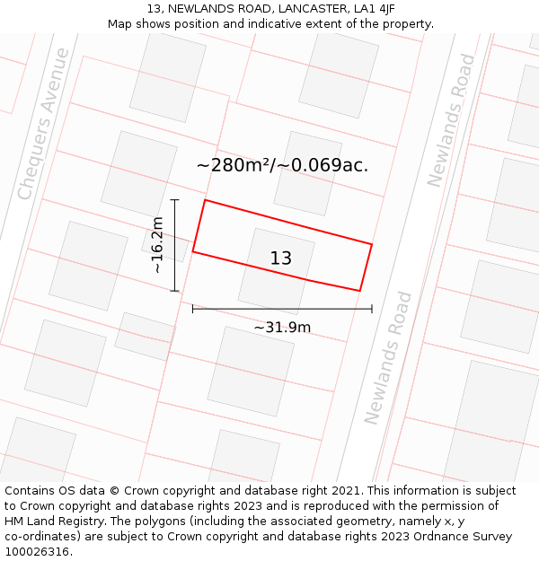 13, NEWLANDS ROAD, LANCASTER, LA1 4JF: Plot and title map