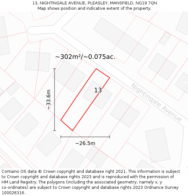 13, NIGHTINGALE AVENUE, PLEASLEY, MANSFIELD, NG19 7QN: Plot and title map