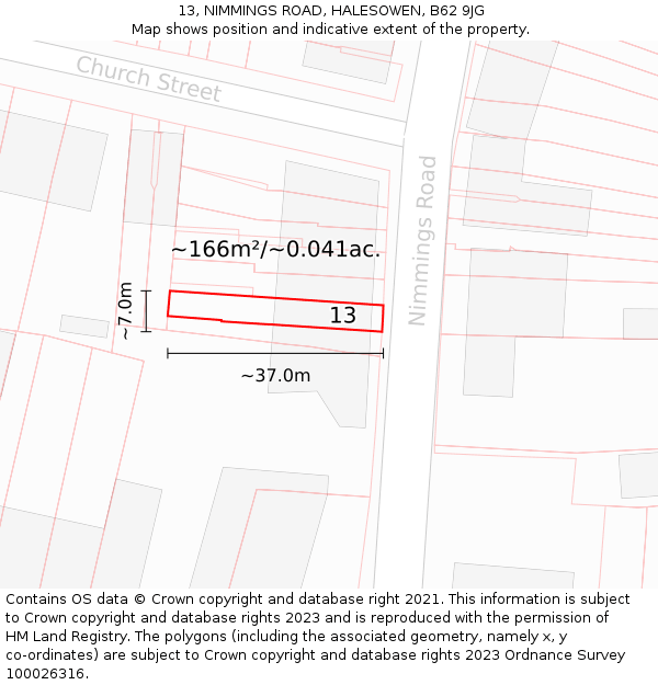 13, NIMMINGS ROAD, HALESOWEN, B62 9JG: Plot and title map