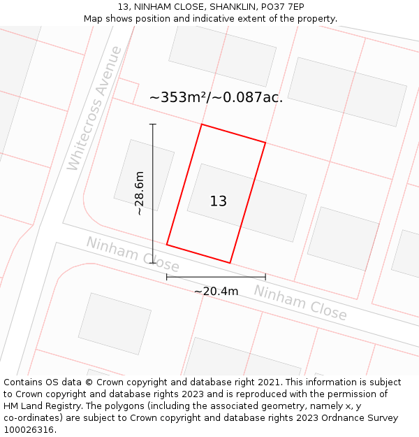 13, NINHAM CLOSE, SHANKLIN, PO37 7EP: Plot and title map