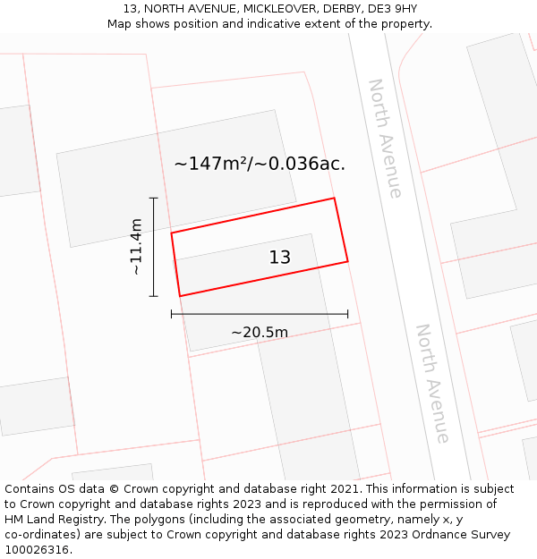 13, NORTH AVENUE, MICKLEOVER, DERBY, DE3 9HY: Plot and title map
