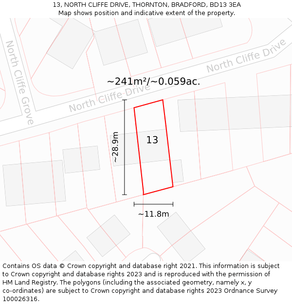 13, NORTH CLIFFE DRIVE, THORNTON, BRADFORD, BD13 3EA: Plot and title map