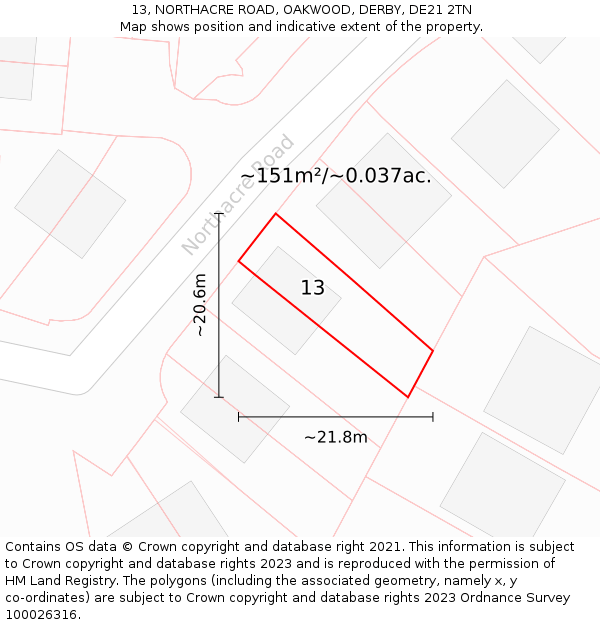 13, NORTHACRE ROAD, OAKWOOD, DERBY, DE21 2TN: Plot and title map