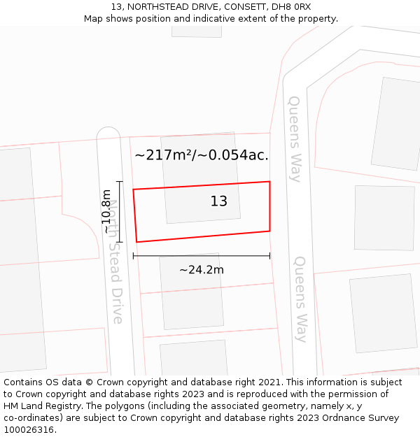 13, NORTHSTEAD DRIVE, CONSETT, DH8 0RX: Plot and title map