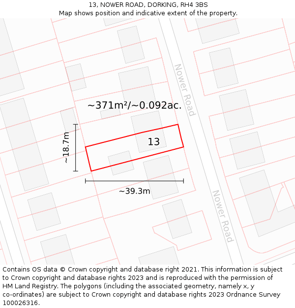 13, NOWER ROAD, DORKING, RH4 3BS: Plot and title map