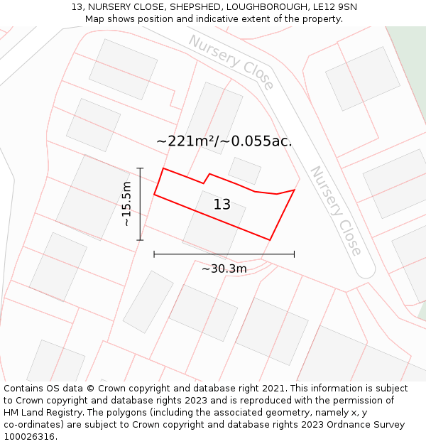 13, NURSERY CLOSE, SHEPSHED, LOUGHBOROUGH, LE12 9SN: Plot and title map