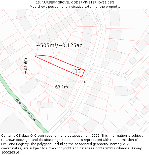 13, NURSERY GROVE, KIDDERMINSTER, DY11 5BG: Plot and title map