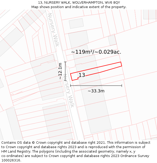 13, NURSERY WALK, WOLVERHAMPTON, WV6 8QY: Plot and title map