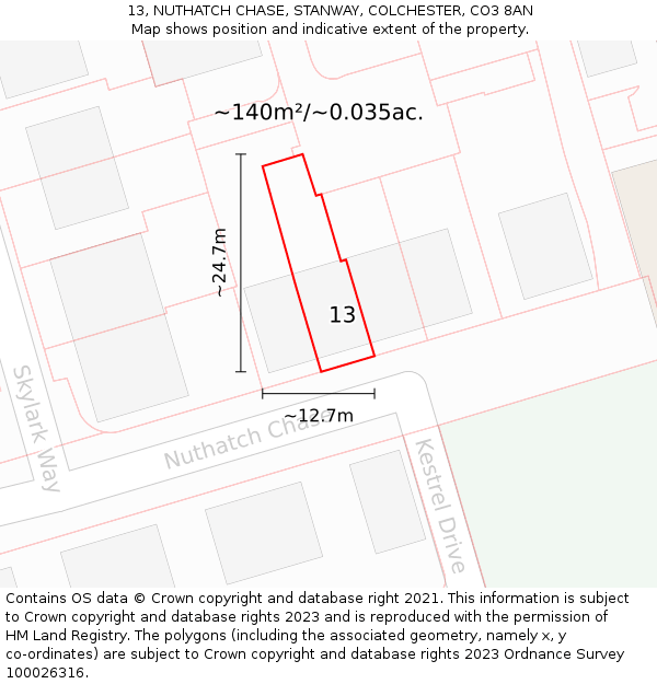 13, NUTHATCH CHASE, STANWAY, COLCHESTER, CO3 8AN: Plot and title map