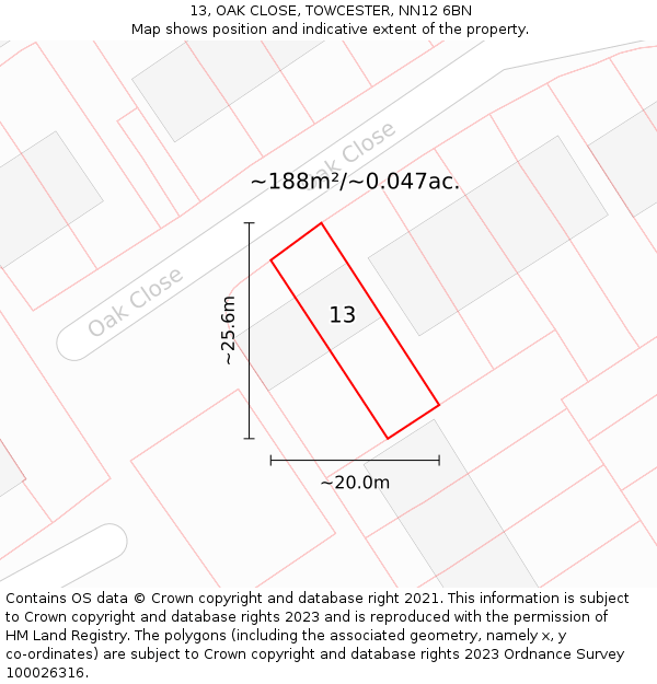 13, OAK CLOSE, TOWCESTER, NN12 6BN: Plot and title map