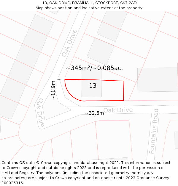 13, OAK DRIVE, BRAMHALL, STOCKPORT, SK7 2AD: Plot and title map